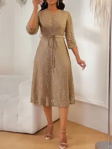 Spring Summer Women's Elegant Daily Commute Dress, Light Gold V Neck Lace 3/4 Sleeve Midi Dress, Waist Belted Slim Fit