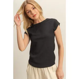 HYFVE Textured Round Neck Cap Sleeve Knit Top