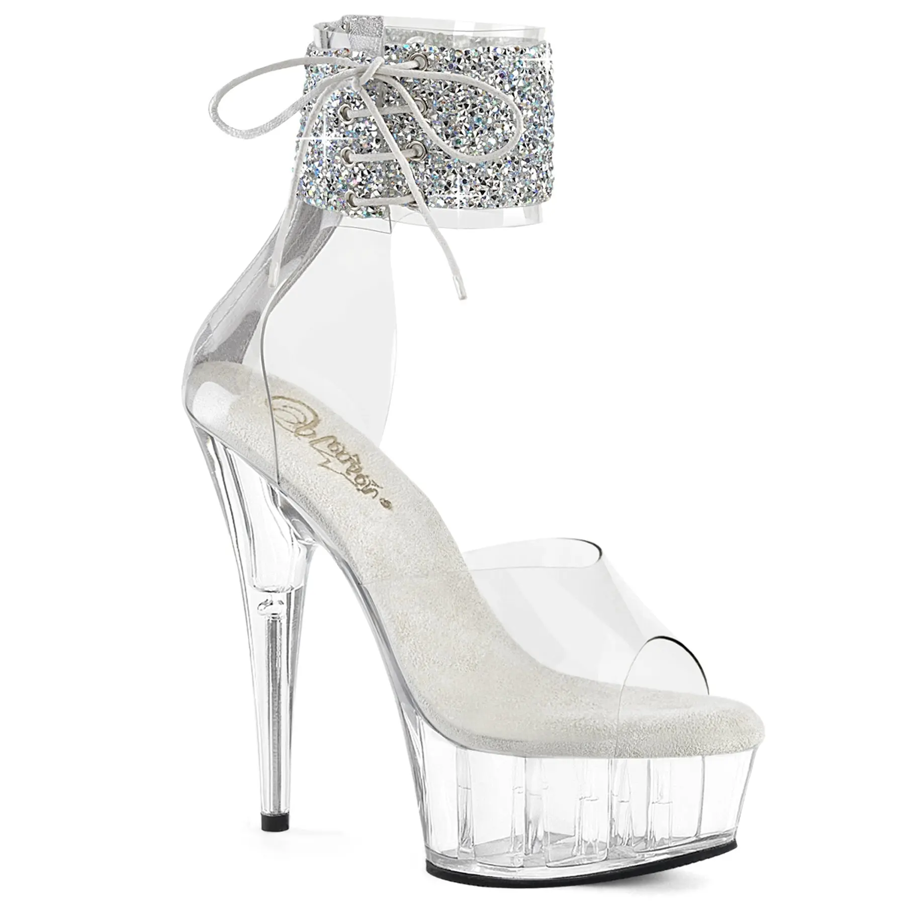 Pleaser Delight-624RS-02 Women's Fashion Platform High Heels, Lace-Up Shoes with Clear-Silver Decor, Evening Party All-Season Classy Footwear