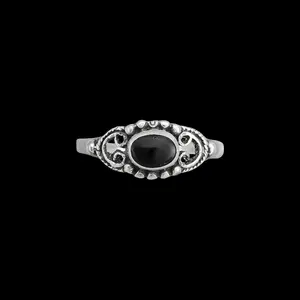 Size 8-925 Sterling Silver Black Jet Ring, Statement Floral Design, Handmade Gemstone Flower Band, Handcrafted Nature Jewelry