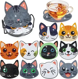 10 Pcs Cats Diamond Art Coasters with Holder Diamond Art Painting Coasters Kits Craft Art DIY Diamond Coaster Kits Gem Art Coaster for Adults Kids Beginners Cat Lover Gifts
