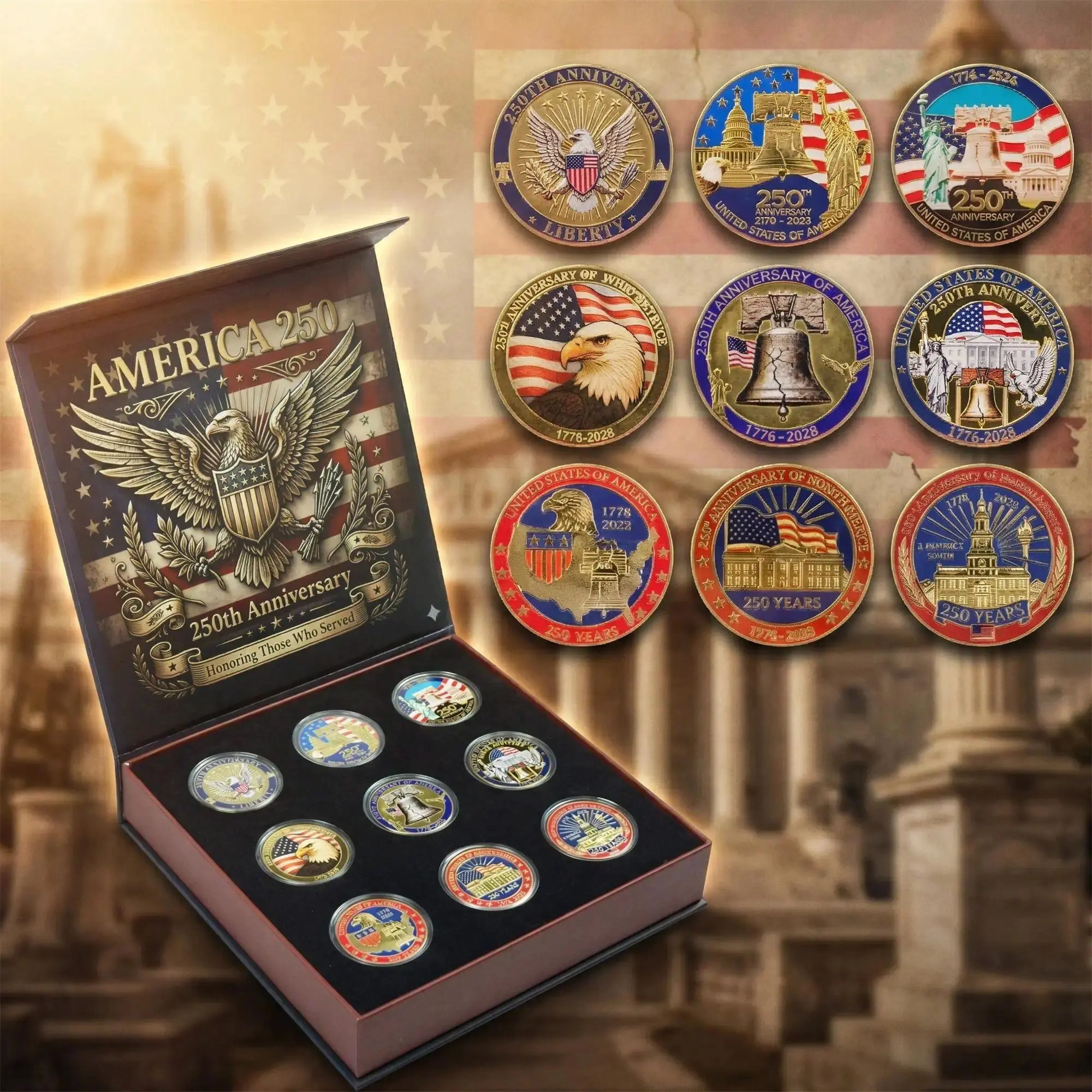 America 250th Anniversary Commemorative Coin Set - 9-Piece Collector’s Edition 3D 250th Anniversary Commemorative Coin