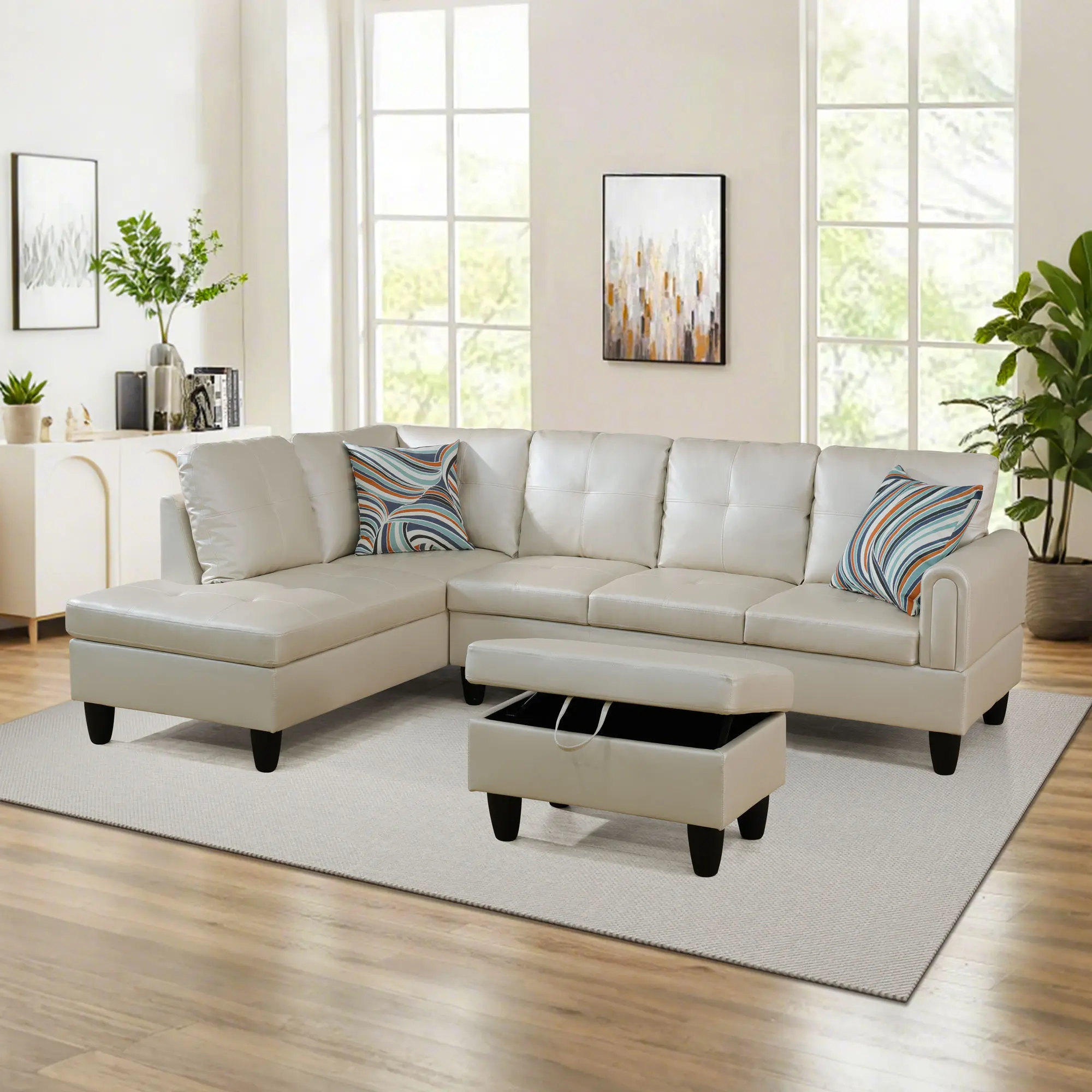 3-Piece Set Pearl White Faux Leather 3-Seat Sofa, Sturdy Modern Upholstered Living Room Couch with Fixed Arms, Thick Cushions, Luxurious Glossy Finish Synthetic Leather Furniture for Apartment, Assembly Required