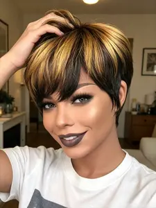 1B/4/27 Honey Blonde Ombre Short Wavy Bob Pixie Cut Full Machine Made 100% Human Hair Wig With Bangs For Black Women 150% Density Glueless Natural Black Mix Blonde Brown Fashion Daily Wear