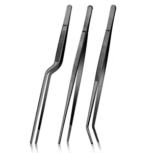 Fine Cooking Tweezers Set, Professional Stainless Steel Food Tongs, Kitchen Black Long Chef Tweezer for Cooking, Plating, Decorating and BBQ