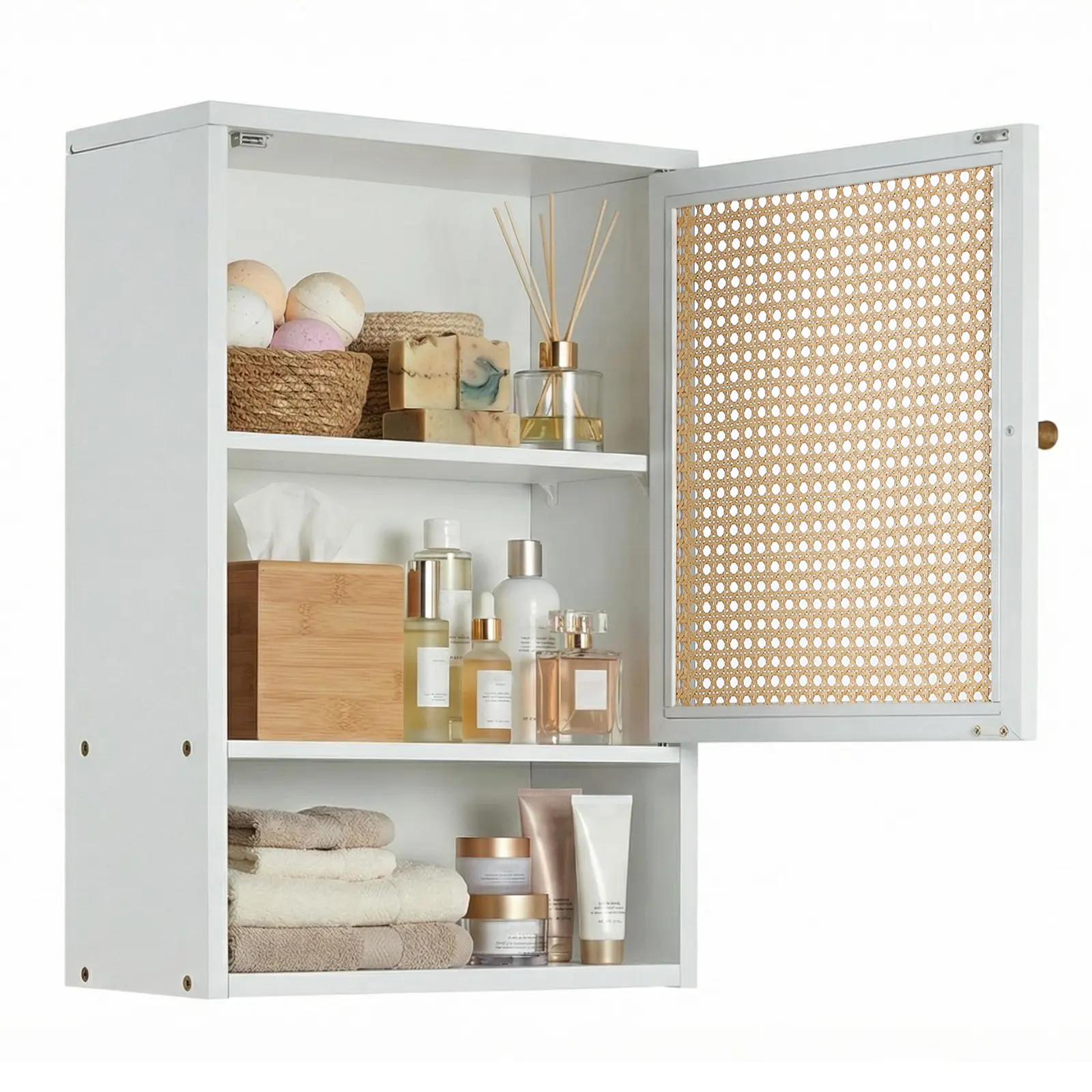 Nordic Wall-Mounted Storage Cabinet with Doors, Adjustable Wood Shelf Space-Saving Organizer, Modern Wall Cabinet for Bathroom Kitchen Laundry Room