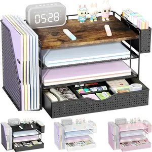 Desk Organizers and Accessories with File Holder, 4-Tier Desk Accessories & Workspace Organizers with Drawer and Pen Holder, Paper Organizer for Office Supplies ()