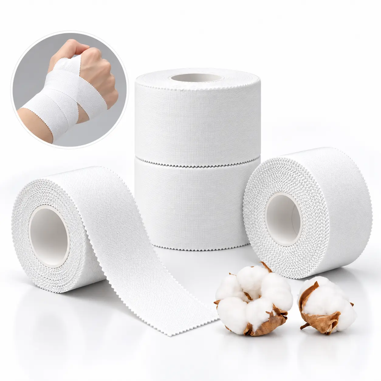 4-Roll Pack White Cotton Athletic Tape, 1.5in x 30ft Rigid Sports Tape, Easy-Tear, Strong Hold, Clean Removal for Wrist, Ankle Support, Gym Training