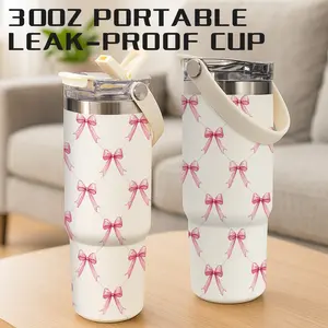 1 Pc 30oz Aesthetic Pink Bow Insulated Mug, 30oz Skinny Double Wall Thermal Cup, Hot 12h Cold 24h, Leak Proof Vacuum Cup, Vacuum Insulated Flask for Hot Cold Drinks, Viral Mug, Gift for Women Men, Holiday Essential, Cute Ribbon Design Stylish Mug