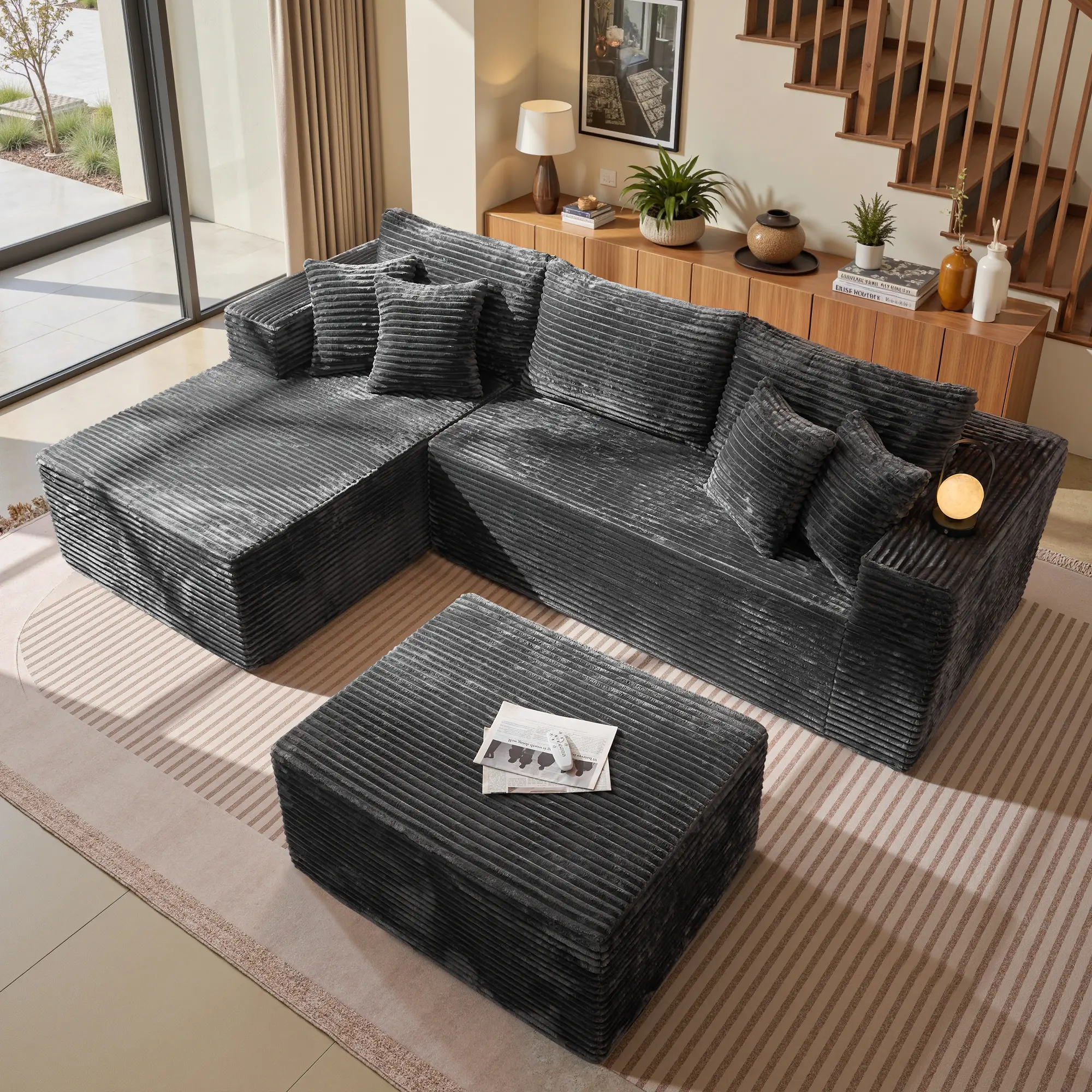 Gray Corduroy Left Chaise With Ottoman