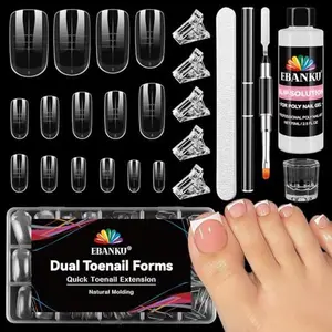 EBANKU Poly Gel Nail Forms Kit for Toes - 150PCS Reusable Dual Toenail Forms for Builder Gel, Toe Nail Kit with 2.5oz Slip Solution, Brush, File, 5PCS Clips - 15 Sizes