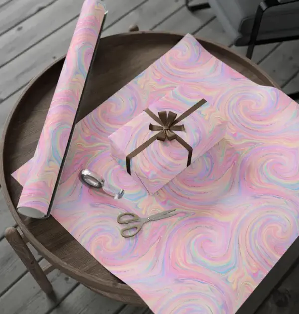 Dreamy Pastel Swirl Wrapping Paper with Glitter Sparkles, Whimsical Iridescent Rainbow Gift Wrap for Birthday Presents and Christmas