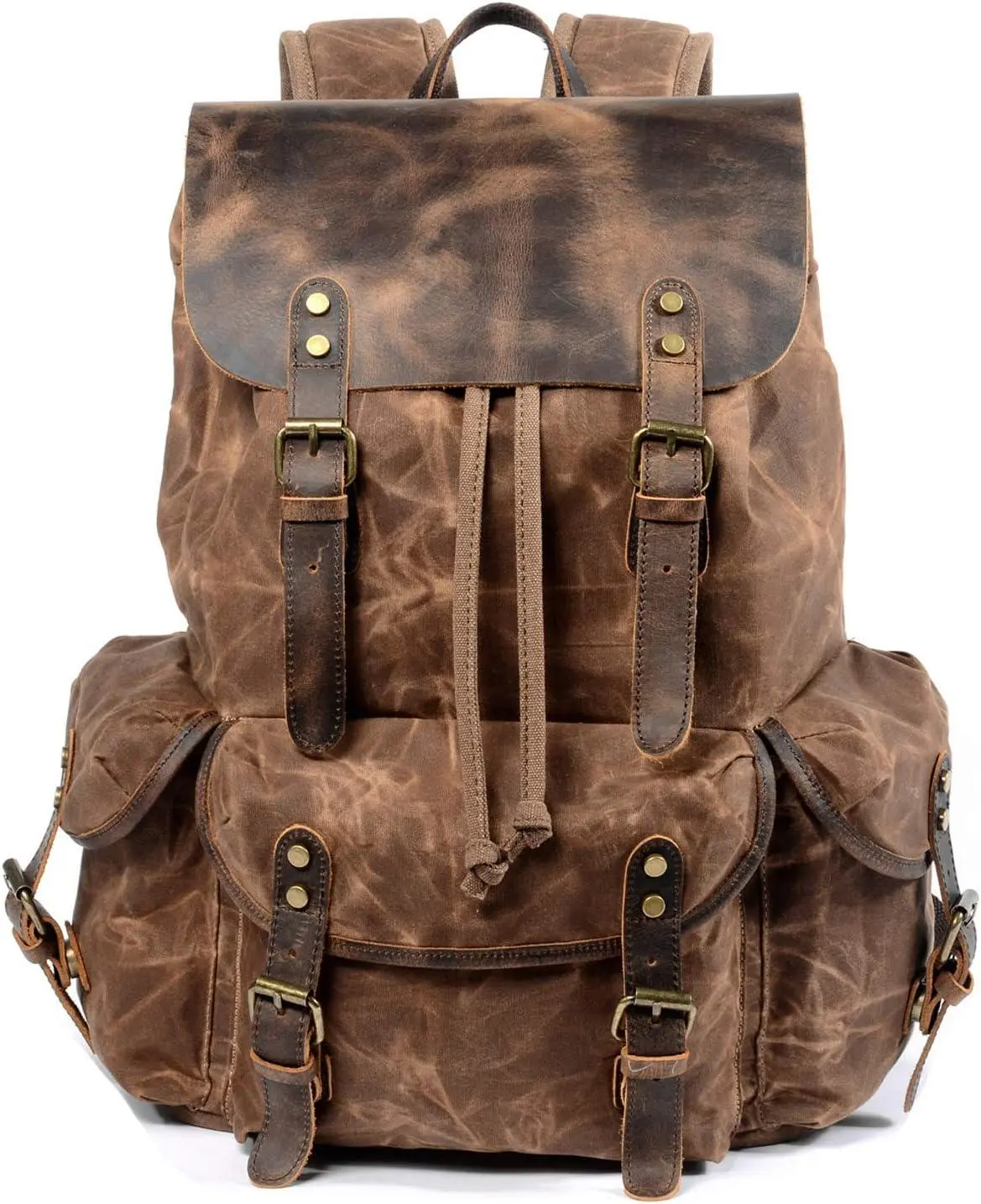 WUDON Leather Backpack for Men, Waxed Canvas Shoulder Rucksack Carry-On Travel Backpack
