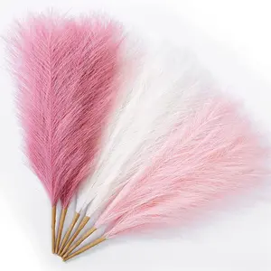 3pcs Pampas Grass Pink 17inch 21 branches Artificial Pampas Grass Faux Pink Pompas Grass Decor, Short Pompous Grass Blush Room Decoration, Wedding Centerpieces Mothers Day Pink Home Decor Artificial Plants