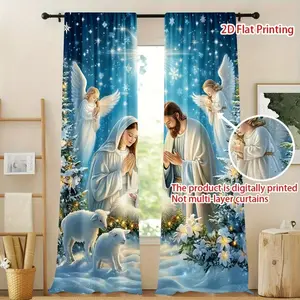 Set of 2, Christmas Christmas Night Curtains - Christmas Birth Design with Angels and Snowflakes, Translucent, Easy Hanging Rod Bag, Suitable for Living Room Dining Bedroom Home Holiday Decor, Christmas Decor, Window Curtain