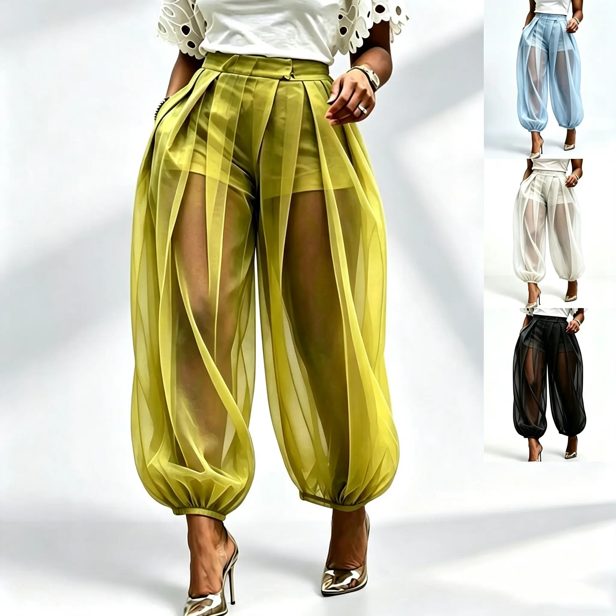 Women's Summer 4-Colors Sheer Mesh Balloon Pants - High Waist Oversized Baggy Harem Beach Cover Up with Built-in Shorts, Chic Casual Plain Basics Apparel for Vacation Holiday Womenswear Button Green Minimalist, Preppy, Retro