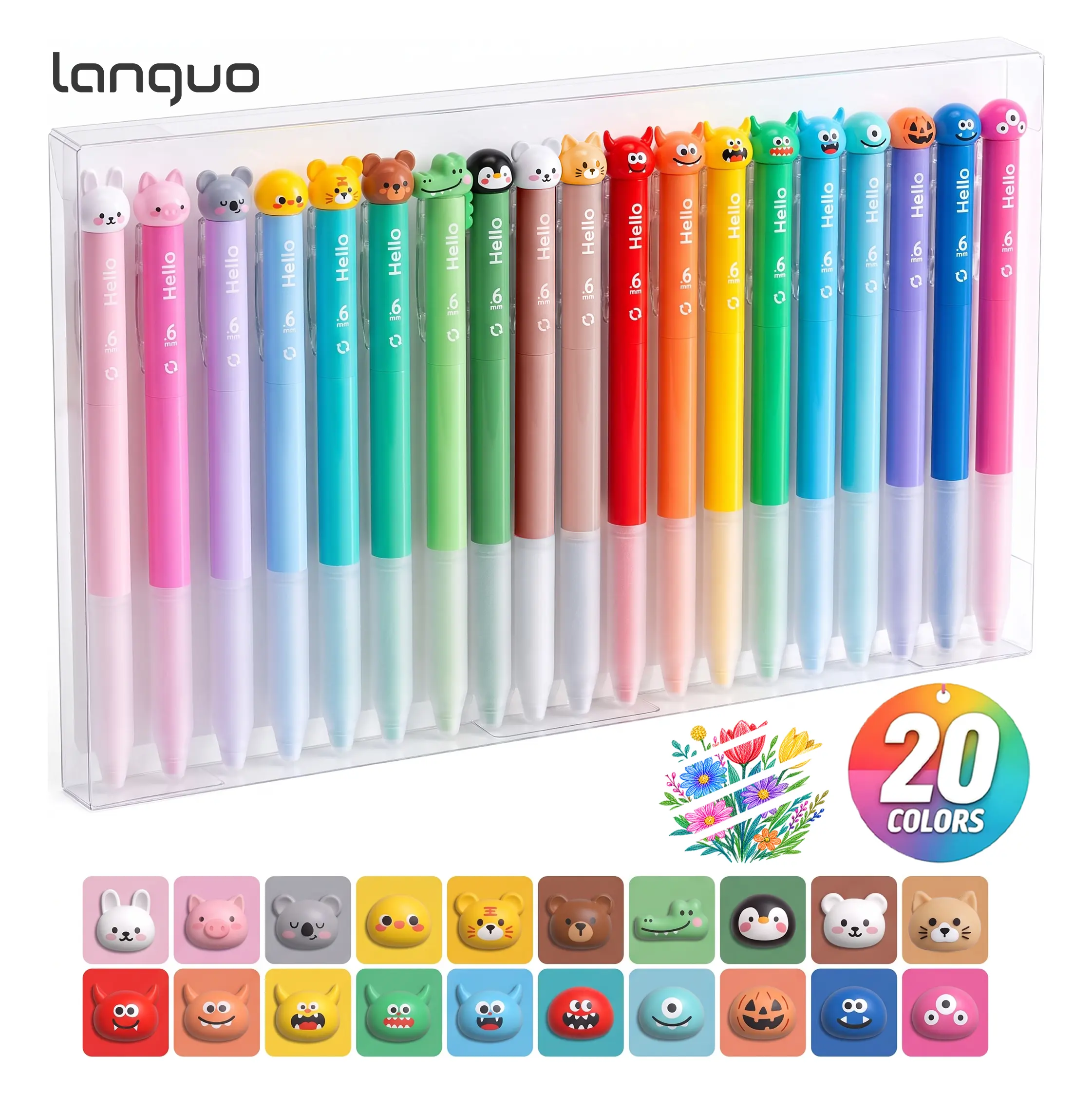 Languo 20-Color Cute Erasable Gel Pen Set (Buy 1 Get 1 Free) - Front-Erase Writing Tool with 0.6mm Rotatable Tip, Cute Monster & Animal Designs, Safe for Students, Ideal for Drawing & Notes, Buy 1 Get 1 Free Product, Erasable Ink