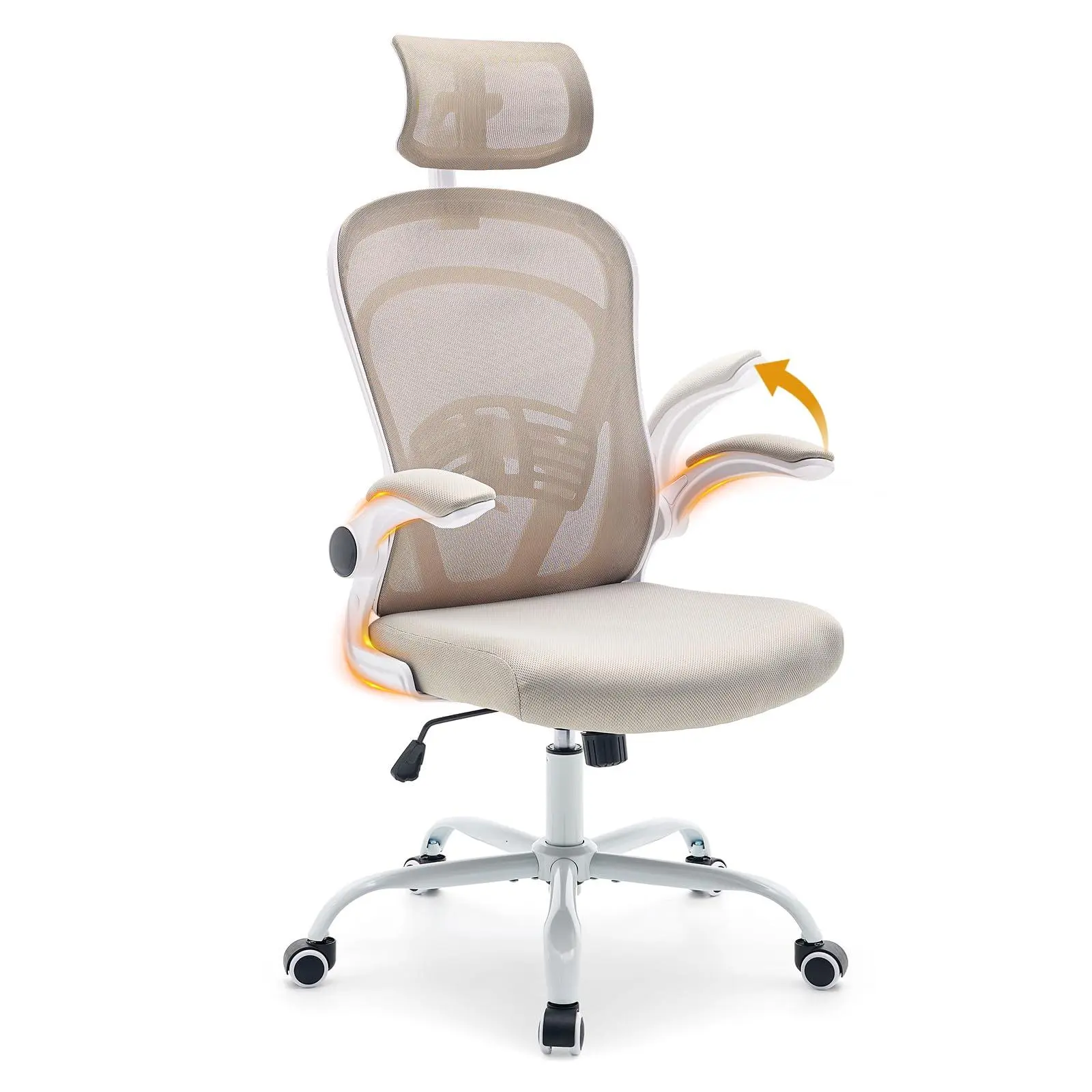 Gaomon Ergonomic Adjustable Office Chair - Foldable Flip-Up Arms, Curved Mesh Fabric Backrest with Lumbar Support, 43-47in Adjustable Seat Height, Thick Soft Beige Wide Seat, Wear-Resistant 360° Spin Casters for Working, Relaxing