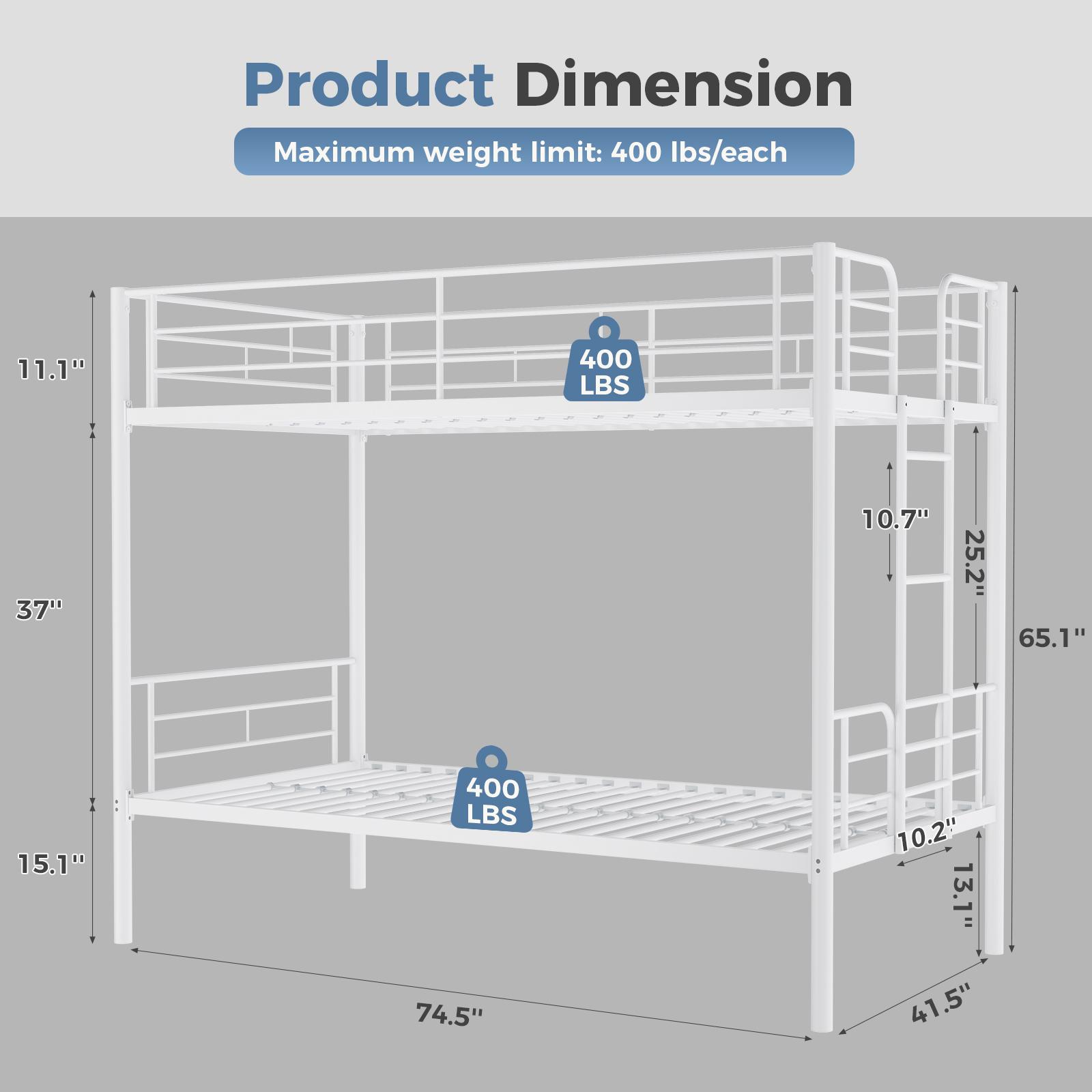 Bunk Bed Twin Over Twin ,Metal Bed Frame, Heavy Duty Bunk Beds, Bunkbed, Double Bed, Individual Twin Bed, Stackable Bunker Bed， With Removable Ladder Safety Guardrail (Black)Metal double-layer bed with stairs and safety railings, sturdy steel frame