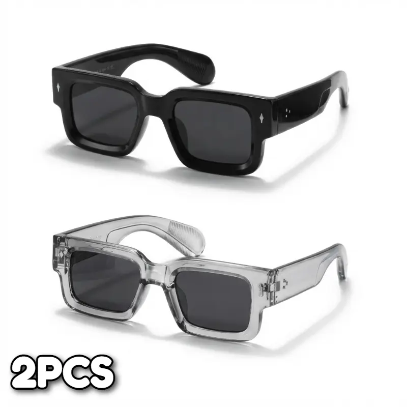2-PCS Modern Square Sunglasses in Black & Transparent Frames with Dark Lenses for Stylish Protection