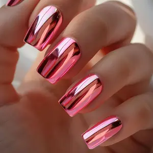 24pcs Long Square Y2K Style Magic Chrome Shiny Holographic Nail Powder, Ice Neon Mermaid Mirror Face Multicolor Aurora Fake Nails