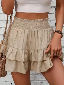 Women's Frill Trim Ruffle Hem Shirred High Waist Shorts, Boho Casual Tiered Layer Shorts for Spring & Summer, Ladies Bottoms for Daily Wear, Womenswear, Rara Skirts