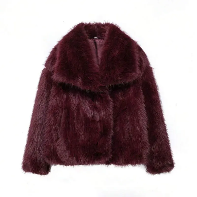 Women's Autumn-Winter New Thick Faux Fur Collar Burgundy Fuzzy Fabric Mid-Length Outerwear, Everyday Faux Fur Lined Short Sleeve Fashionable Coat for Vacation