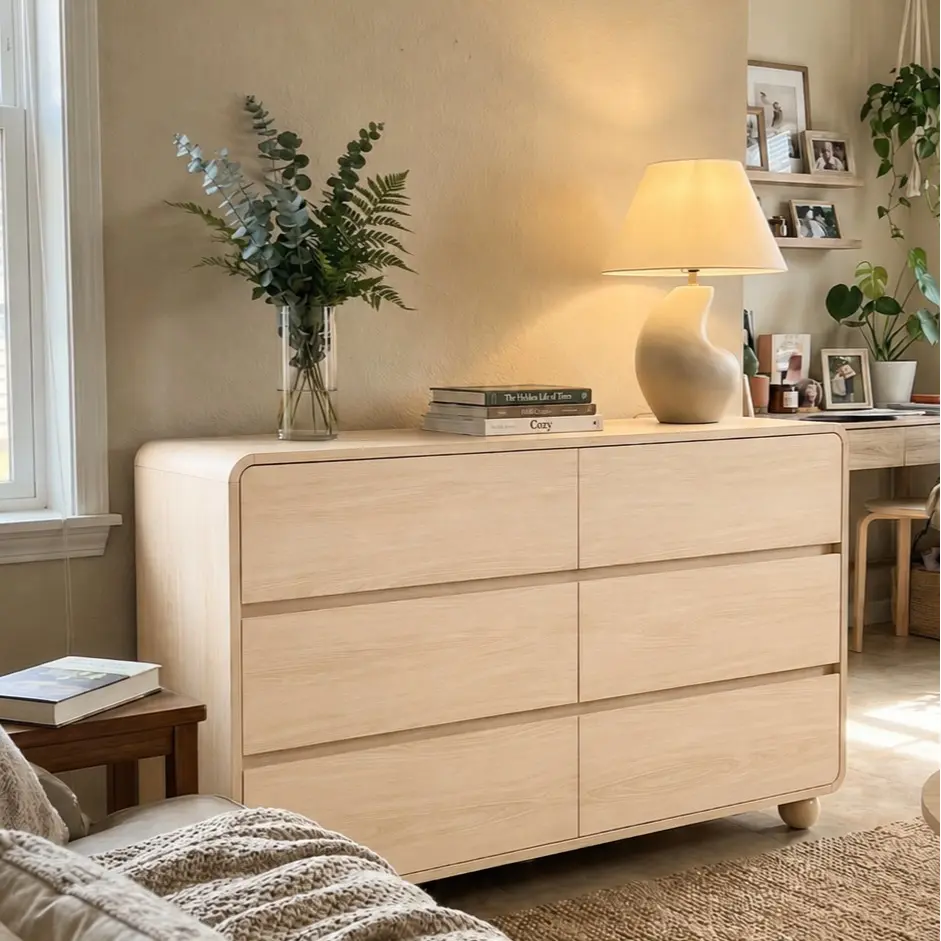Aowos 53" Wide 6 Drawer Dresser for Bedroom, Handleless Curved Profile Wood Chest of Drawers, Modern TV Stand for Living Room, Entryway Storage, Natural/Black/White