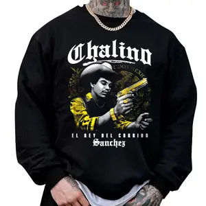 Chalino Sanchez Men's Pullover Chicano Graphics Tees Lowrider Style Gangster Chicanoas Clothing Hoodie DGA For Men And Women Sweatshirt Black Crewneck Long Sleeve