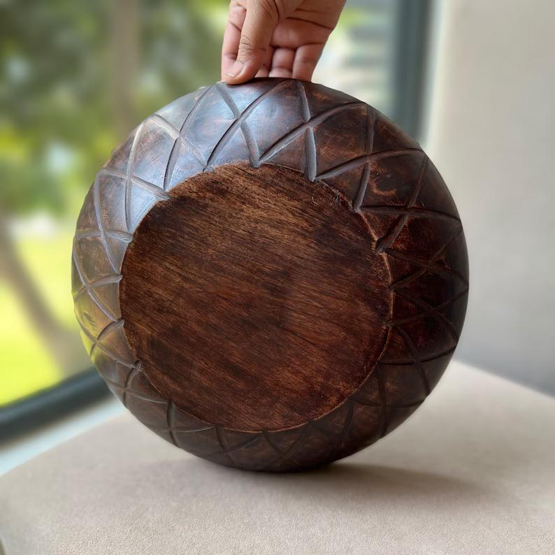 Dark Wood Bowl handmade, Hand Carved Wooden Bowl, Curved Wood Salad Bowl, Natural Wood Fruit Bowl, Decor Bowl for Living Room Kitchen