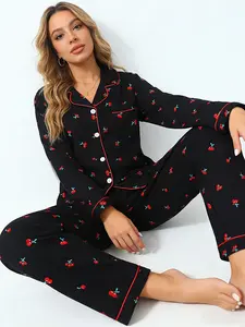 Korean Fresh Black Cherry Print Pajama Set Women, Button Down Long Sleeve Long Pants, All Season Wearable Breathable Casual Sleepwear Loungewear, Red Trim Accents, Cute Cozy Homewear, Nightwear