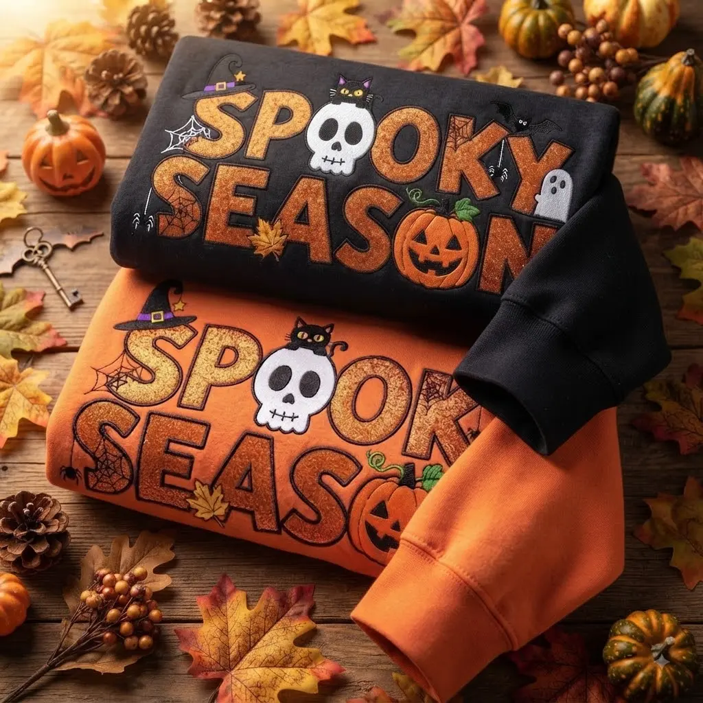 Spooky Season Embroidered Sweatshirt, Halloween Pumpkin Ghost Cat Spider Crewneck, Cute Fall Embroidery Shirt, Spooky Halloween Pullover