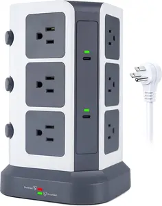 Power Strip Tower with 2 USB C, 1500J Surge Protector with 12 Outlets& 5 USB(1875W/15A), 6.5ft Extension Cord with Multiple Outlets, Office Desk Supplies, Dorm Room Essentials, Gray