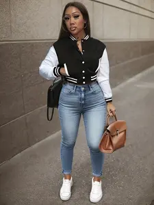 Women's Colorblock Jacket Long Sleeve Spring & Fall Casual Fitted Plain Baseball Coat, Single Button Letter Design Sport Outerwear, Womenswear