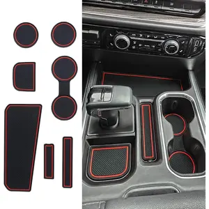 7PCS Console Liners Compatible with 2023-2025 Chevy Silverado/Sierra 1500 & 2022 Refreshed 1500 Models, Premium Rubber Non-Slip Cup Holder Mats, Red-Full Console w/Bucket Seats ONLY