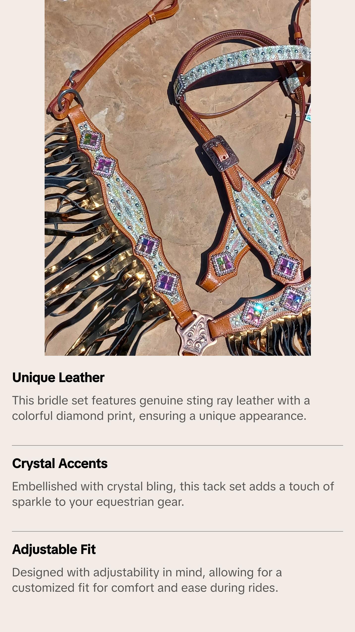 Cassidy, Diamond Sting Ray Texture Leather Glitter Sparkle 2 Piece Horse Tack Bridle Set Fringe