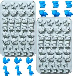 Reusable Flexible Silicone Mini Animal Molds Set of 2 - Tiger, Chicken, Panda, Koala, Cow, Elephant, Giraffe Designs - Cow-Shaped Baking Tray for Chocolate, Desserts, Ice Cubes
