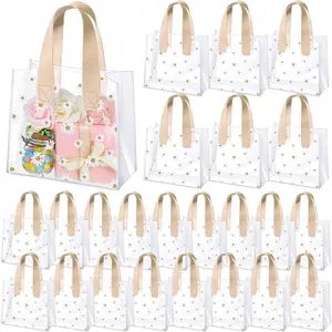 24 count Clear  Bags with Handles Daisy Clear Plastic Wrap Bag  Transparent PVC Tote Goodie  Packing for Valentine Wedding Shopping  Shower Birthday(Beige)