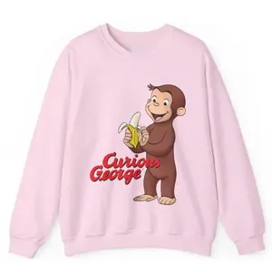 Curious George Peeling a Banana Modern Cartoon with Logo Sweatshirt, Unisex Cotton Tshirt Sweatshirt, Gift For Men Women, Y2k Shirt, Streetwear Z42 Green Grey