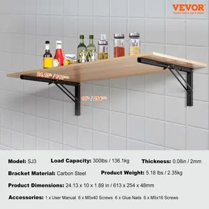VEVOR Shelf Bracket Foldable, 24 L 2 Pcs, Heavy Duty Floating Shelf Brackets, Brackets for Shelves, 5mm Thick Matte Black L Shelf Bracket, Steel Shelving Brackets with 300 lbs Load Capacity