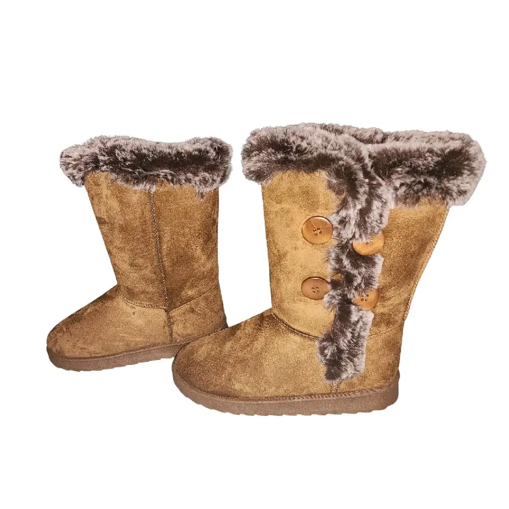 Tan suede  Fur Mid Calf Snow Boots with Button Detail and Plush Lining for Winter Comfort