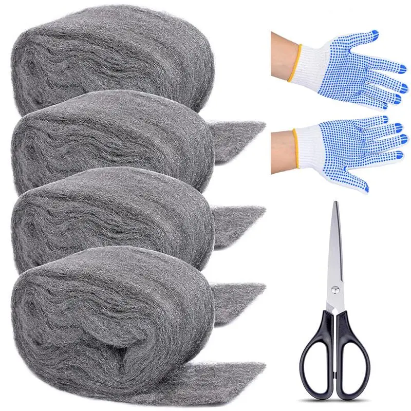 4Pack Superior Quality Steel Wool Rodent-Control Tool Kit, 3.2in x 10.5ft Moldable Wool Gap Filler for Home & Garage, Includes Gloves+Scissors, Easy-to-Use DIY Installation Solution