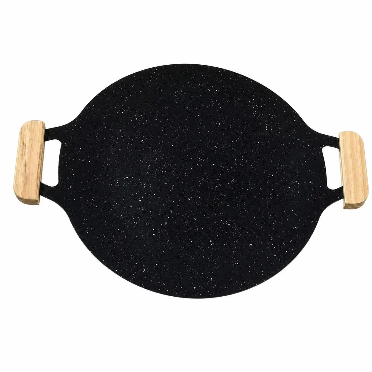 Non-Stick Round BBQ Griddle Skillet with Wooden Handle - Home Kitchen Multi-Use Flat Cookware, Indoor Supplies Compatible with Pots and Pans Sets (Ideal for Pancakes, BBQ Grilling)