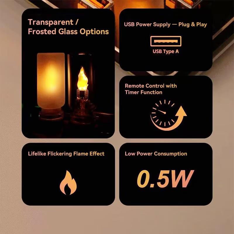 USB Flame Night Light with remote, Realistic LED Candle Flame Ambient Lamp, USB Powered Tabletop Light with remote, Energy Efficient Decor for Car, Bedroom, Party, Christmas & New Year Gift