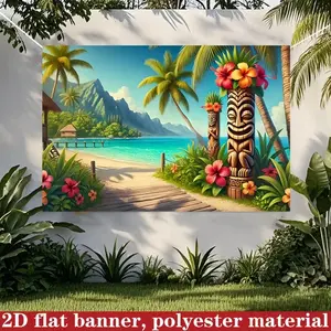 2D flat 1PC polyester material tropical coconut tree beach background cloth, white sand beach and blue sea coconut forest print is fresh and eye-catching, suitable for tropical theme parties, photography, indoor decoration, outdoor picnic layout,