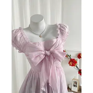 Coquette Square Neck Puff Sleeve Blouse for Women, Sweet Front Bow Smocked Waist Peplum Top, 100% Polyester Lightweight Chiffon Casual Shirt, Solid Color Feminine Daily Wear Top, Plus Perfect for Dates, Daily Outings, Street Style