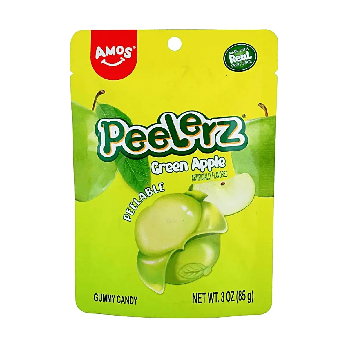 Amos Sweets Green Apple Gummy Candy - Real Fruit Juice Infused, 85g Pack - Chewy Sour Apple Flavored Snacks for Kids & Adults
