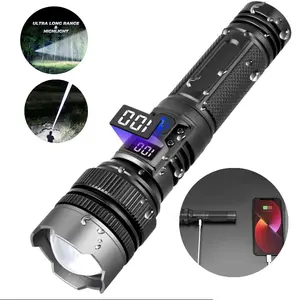 2-in-1 Strong Flashlight, Digital Display of Power, Rechargeable, Zoomable, X4Waterproof, Adjustable Brightness Flash Light for Outdoor, Emergency, Camping, Night Security Garage Lighting