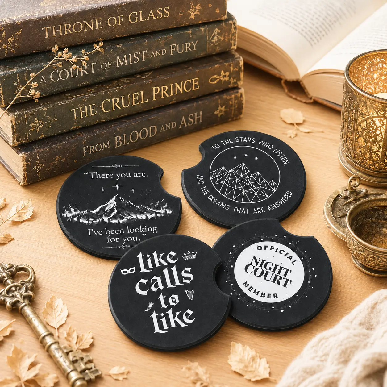 Fantasy Bookish Car Coasters, Night Court Inspired Cup Holder Coasters, ACOTAR Reader Gift, Book Lover Car Accessories