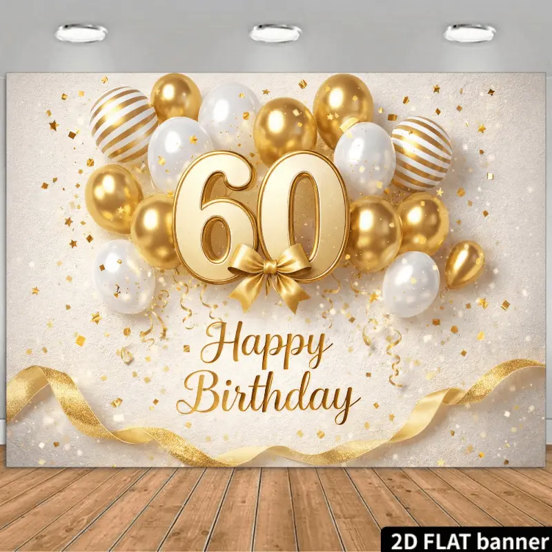 2D Flat 60th Birthday Themed Photography Backdrop, Featuring a Giant Golden "60" Number Balloon, Golden Satin Ribbon with "Happy Birthday!" Lettering, Golden and White Striped/polka Dot Balloons, Golden Sequins, Starlight, and Light Spots as Core